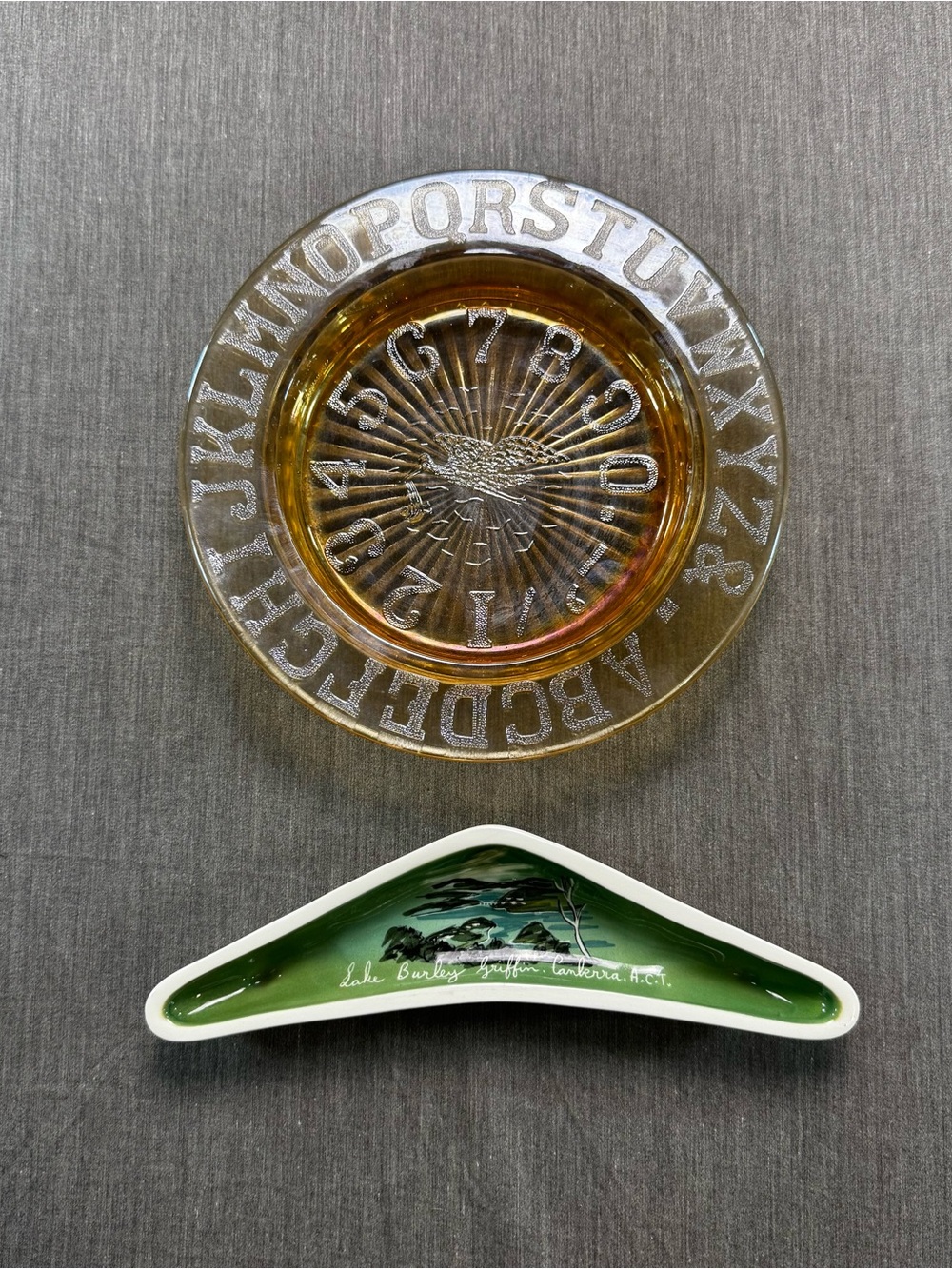 Retro Decor Lot: 1900s Belmont Stork Glass Plate & Mid Century Australian Dish